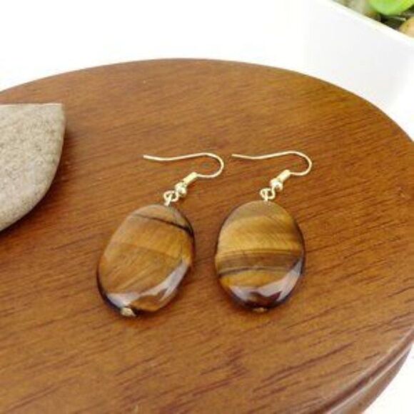 Oval Tiger Eye Bead Gold Tone Hook Earrings - Picture 2 of 2